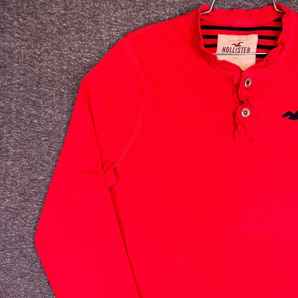 Hollister Henley Shirt Mens L Red Preppy Casual Long Sleeve Embroidered Logo Y2K